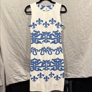 J. McLaughlin Blue and White Fleur-de-Lis Midi Dress